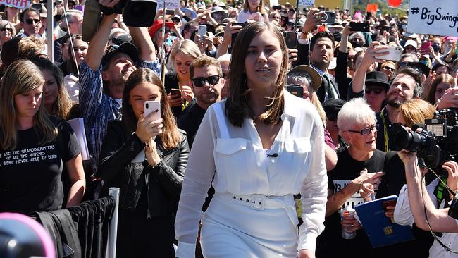 Brittany Higgins is seen outside Parliament House before taking the stage. Picture: Sam Mooy/Getty Images