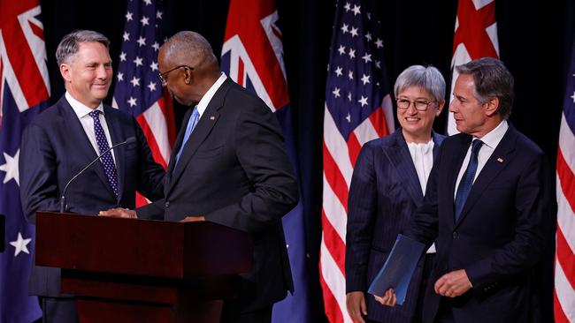 Defence Minister Richard Marles, left, US Defence Secretary Lloyd Austin, Foreign Minister Penny Wong and US Secretary of State Antony Blinken after AUSMIN talks in Annapolis, Maryland, on Wednesday (AEST). Picture: Getty Images