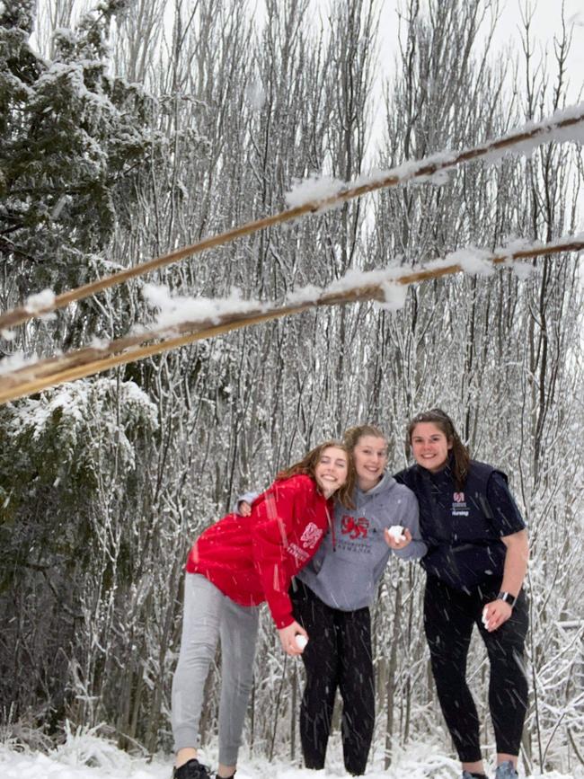 Adelle Salter, Yasmine Cumming, Olivia Leon were travelling back from Launceston but got stuck near the town of Ross when heavy snow set in.