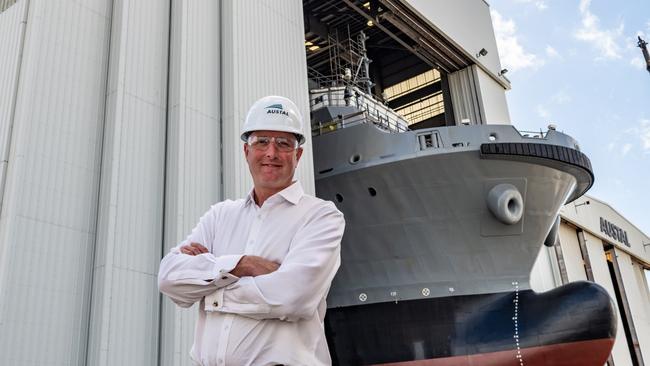 Austal chief executive Paddy Gregg in front of the first steel-hulled vessel Austal has built for the US Navy. Picture: Tad Denson