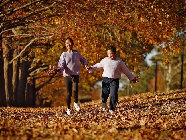 Dry and bright winter, so enjoy it now ... sisters Chloe and Charlotte Thammavongsa play in fallen leaves in Camden, Sydney. Picture: Sam Ruttyn