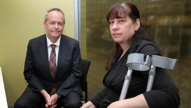 Centrelink team leader Joeanne Cassar, who was stabbed at her workplace in Airport West, with Government Services Minister Bill Shorten. Picture: David Crosling