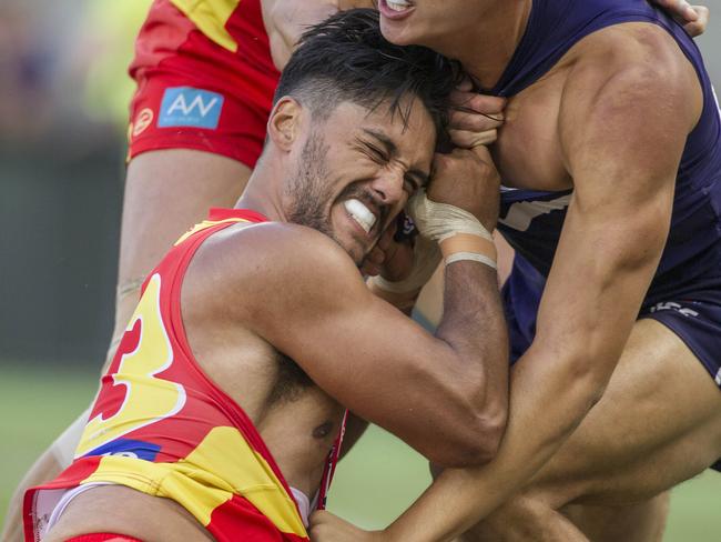 Aaron Hall of the Gold Coast Suns during the Round 3 AFL match between the Gold Coast Suns and the Fremantle Dockers at Optus Stadium in Perth, Saturday, April 7, 2018. (AAP Image/Tony McDonough) NO ARCHIVING, EDITORIAL USE ONLY