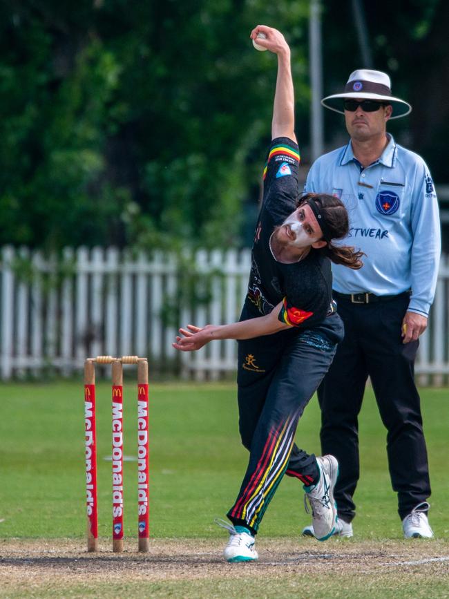 Owen Cole bowling for Penrith in Round 3 of the NSW Premier Cricket T20 competition at Howell Oval, 6 November 2022. Picture: Thomas Lisson