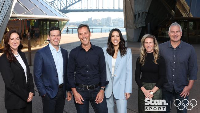 Stan Sport's Paris 2024 launch: Alicia Lucas, Michael Atkinson, Tara Rushton, CEO Martin Kugeler, Elise Kellond-Knight, Shane Heal. Photo: Stan Sport.