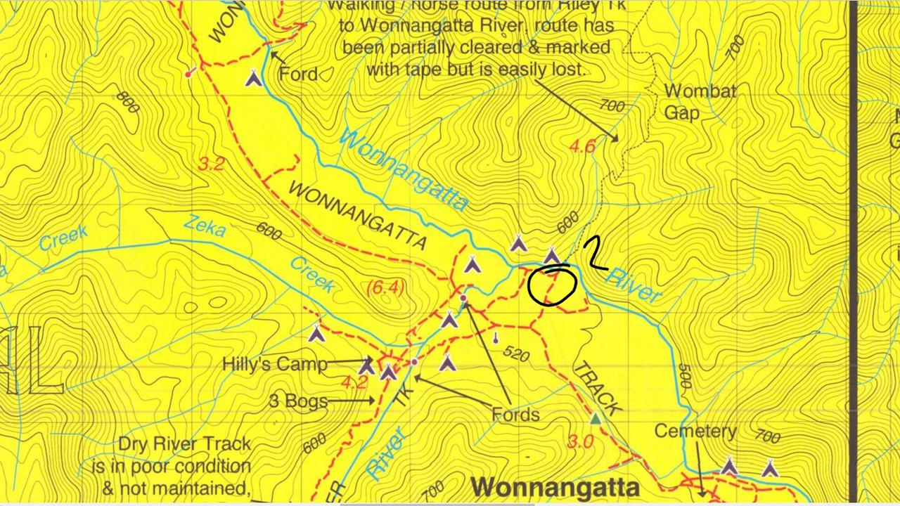 A map marking out the location of Bucks Camp where the alleged murders of Russell Hill and Carol Clay took place. Picture: Supplied.