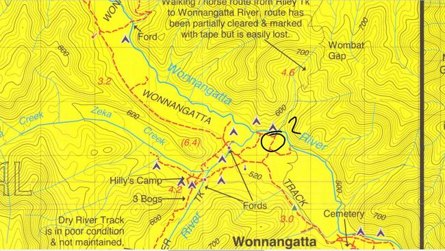 A map marking out the location of Bucks Camp where the alleged murders of Russell Hill and Carol Clay took place. Picture: Supplied.