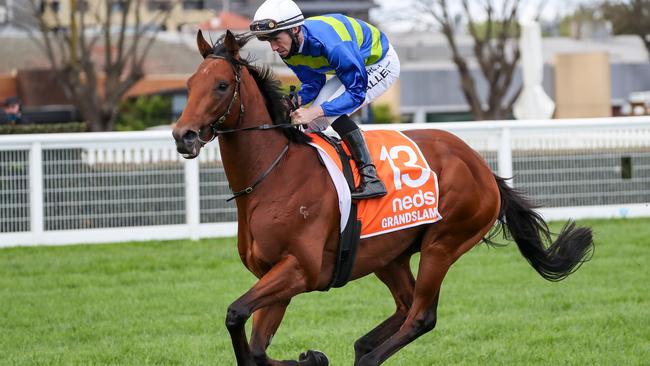 Grandslam ridden by John Allen heads to the barrier before the Caulfield Guineas. Photo: Racing Photos via Getty Images