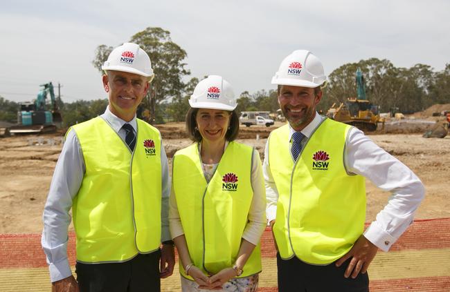 Camden State MP Chris Patterson, Premier Gladys Berejiklian and Education Minister Rob Stokes at the site of a new special needs school in Narellan. Picture: Tim Pascoe