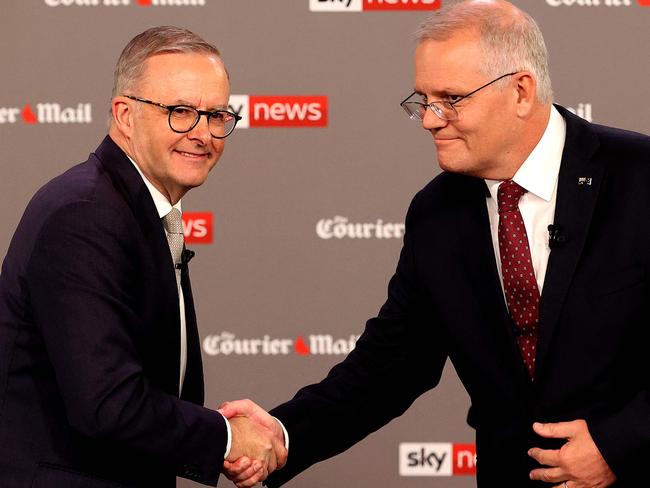 Labor leader Anthony Albanese and Prime Minister Scott Morrison at the first leaders' debate in Brisbane on April 20. Picture: Jason Edwards/AFP