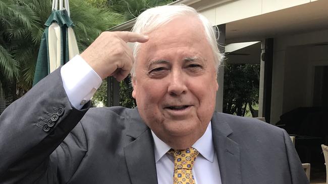 Clive Palmer shows where he hit his head at Friday’s campaign launch rehearsal.