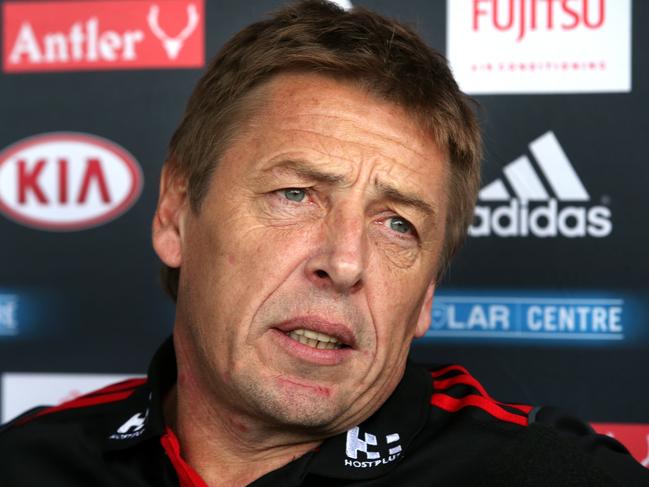 Essendon Coach Mark Thompson speaks to media before the clubs training session at Melrose Drive, Tullamarine on Thursday 26th June, 2014. Picture: Mark Dadswell