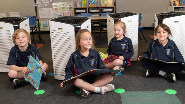 St Joan of Arc Primary students Hugo, Isla, Harriet and Thomas are among the students to benefit from donated air purifiers. Picture: Tony Gough