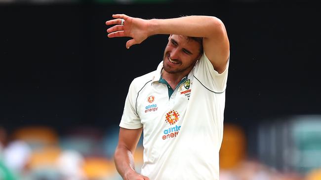 Australia's paceman Mitchell Starc reacts after bowling on day five of the fourth cricket Test match between Australia and India at The Gabba in Brisbane on January 19, 2021. (Photo by Patrick HAMILTON / AFP) / --IMAGE RESTRICTED TO EDITORIAL USE - STRICTLY NO COMMERCIAL USE--