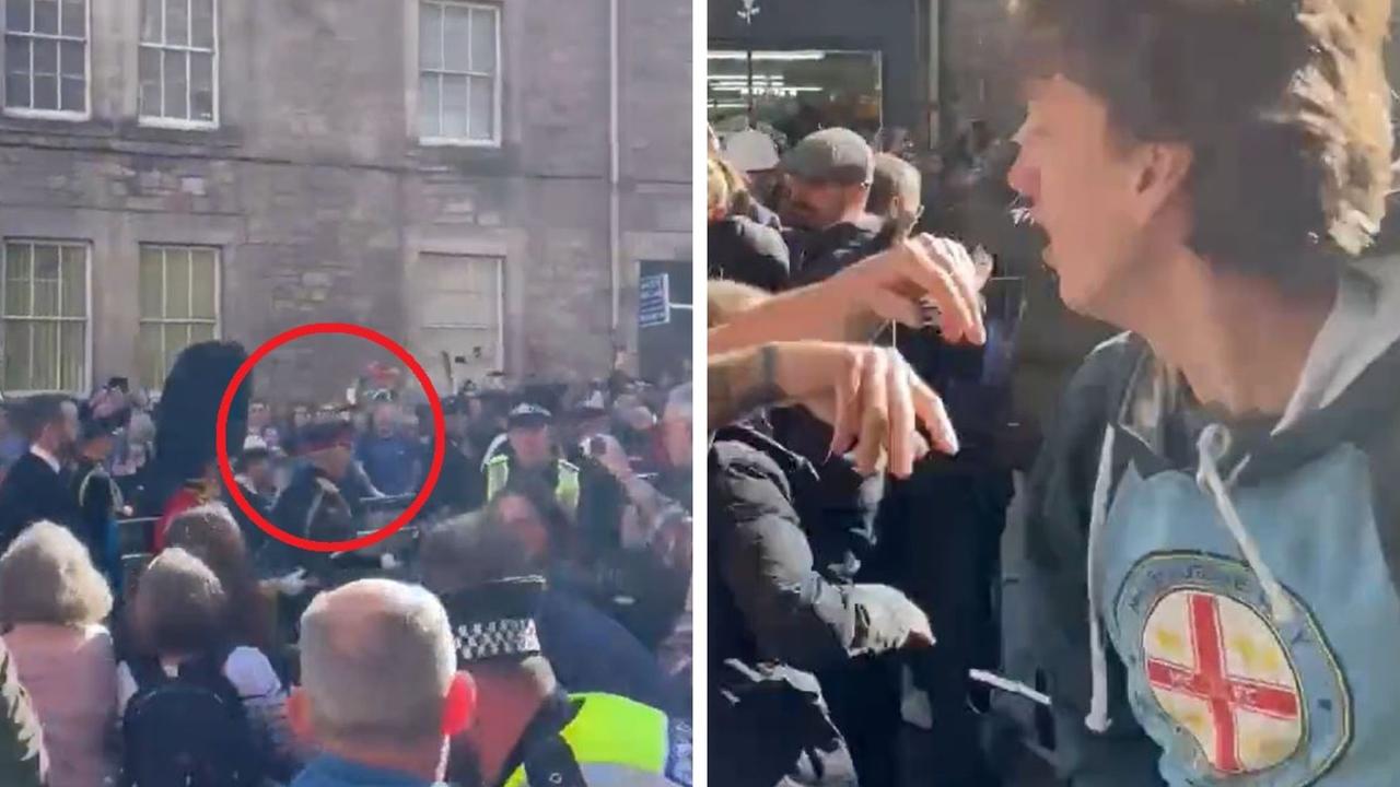 A heckler wearing a Melbourne City FC hoodie is arrested in Edinburgh. Picture: Christopher Marshall/Holyrood Daily/Twitter