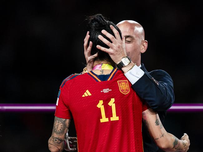 President of the Royal Spanish Football Federation Luis Rubiales kisses player Jennifer Hermoso during the medal ceremony of FIFA Women's World Cup. Picture: Noemi Llamas/Eurasia Sport Images/Getty Images