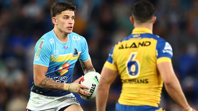 GOLD COAST, AUSTRALIA - JULY 13: Jayden Campbell of the Titans in actionduring the round 19 NRL match between Gold Coast Titans and Parramatta Eels at Cbus Super Stadium, on July 13, 2024, in Gold Coast, Australia. (Photo by Chris Hyde/Getty Images)