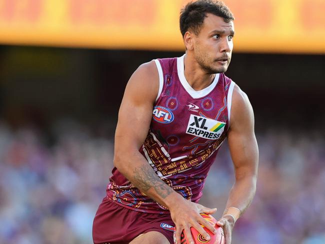 BRISBANE, AUSTRALIA - MAY 28: Callum Ah Chee of the Lions in action during the 2022 AFL Round 11 match between the Brisbane Lions and the GWS Giants at the Gabba on May 28, 2022 in Brisbane, Australia. (Photo by Russell Freeman/AFL Photos via Getty Images)