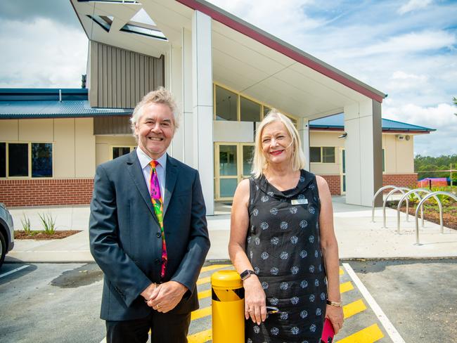 Clarence Valley Anglican School business manager Ian Morris and principal Karin Lisle in front of the school's new performing arts centre.