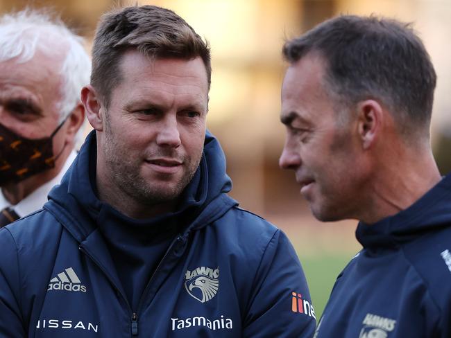 Alastair Clarkson and Sam Mitchell press conference announcing that Clarkson will step aside of the end of the 2021 season making way for Mitchell to take over.  29/07/2021.      .  Pic: Michael Klein