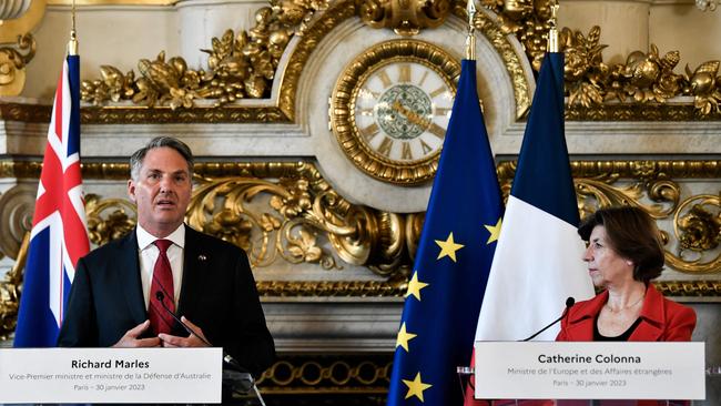 Richard Marles, left, speaks next to French Foreign Minister Catherine Colonna after a joint meeting in Paris. Picture: AFP