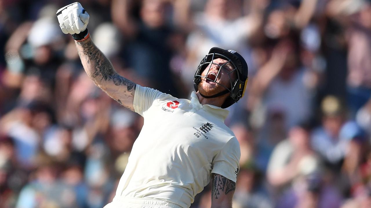 LEEDS, ENGLAND - AUGUST 25: Ben Stokes of England celebrates hitting the winning runs to win the 3rd Specsavers Ashes Test match between England and Australia at Headingley on August 25, 2019 in Leeds, England. (Photo by Gareth Copley/Getty Images)