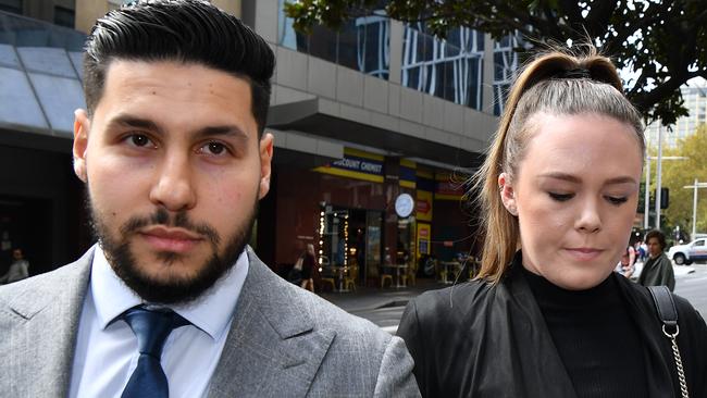 Monica Young (right) leaves the Downing Centre Court in Sydney at an earlier court appearance. Picture: NCA NewsWire/Joel Carrett