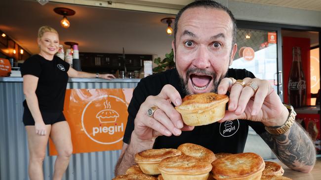 Pie Girl Helensvale will be holding their first ever pie eating competition on October 26. Owner Amy Grotegoed gets her husband Danny Grotegoed into training. Picture Glenn Hampson