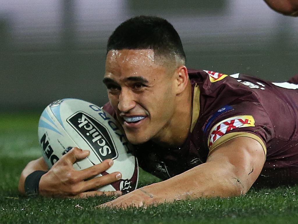 Valentine Holmes of the Maroons scores a try during Game 3 of the 2018 State of Origin series between the NSW Blues and the Queensland Maroons at Suncorp Stadium in Brisbane, Wednesday, July 11, 2018. (AAP Image/Jono Searle) NO ARCHIVING, EDITORIAL USE ONLY