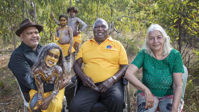 Dr Galarrwuy Yunupingu AC, pictured with Noel Pearson and Marcia Langton at Garma, 2019. Picture: Melanie Faith Dove / Yothu Yindi Foundation