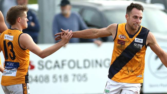 Strathmore’s Adam Iacobucci (right) celebrates a goal with Kyle Weightman on Saturday. Picture: Hamish Blair