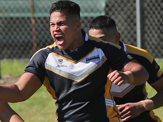 Pictured are players from Westfields Sports High School celebrating a try during NRL Schoolboy Cup at Moorebank Sports Hammondville Oval.Picture: Richard Dobson