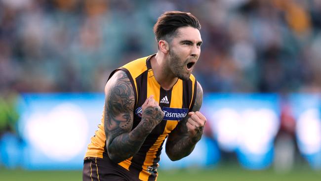 LAUNCESTON, AUSTRALIA - APRIL 28: Chad Wingard of the Hawks celebrates a goal during the 2019 AFL round 06 match between the Hawthorn Hawks and the Carlton Blues at UTAS Stadium on April 28, 2019 in Launceston, Australia. (Photo by Michael Willson/AFL Photos)