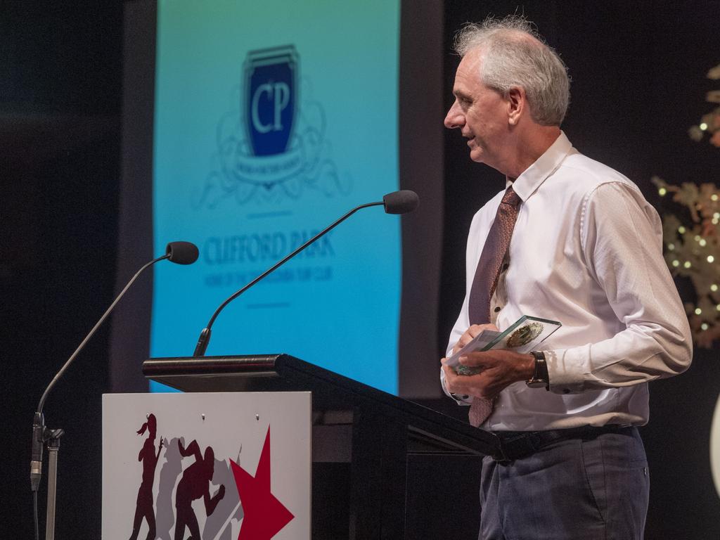 Michael Truskinger accepts the Umpire/Referee of the Year award on behalf of Aleisha Neumann. Sports Darling Downs Sports Stars of the Year dinner. Saturday, February 11, 2023. Picture: Nev Madsen.