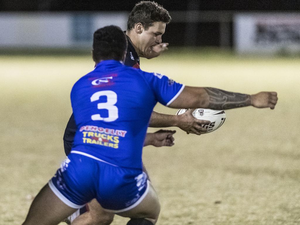 Jordyn Hogden of Warwick looks to evade Liam Hori-Clark of Newtown in TRL A grade round 10 rugby league at Jack Martin Centre, Saturday, June 19, 2021. Picture: Kevin Farmer