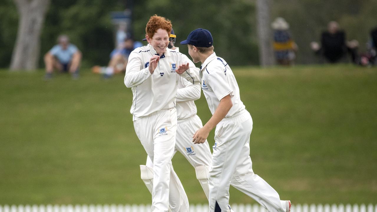 Hugh Weibgen celebrates wicket in the GPS Cricket game between Brisbane Grammar and Anglican Church Grammar last season. (AAP Image/Richard Walker)