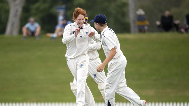 Hugh Weibgen celebrates wicket in the GPS Cricket game between Brisbane Grammar and Anglican Church Grammar last season. (AAP Image/Richard Walker)