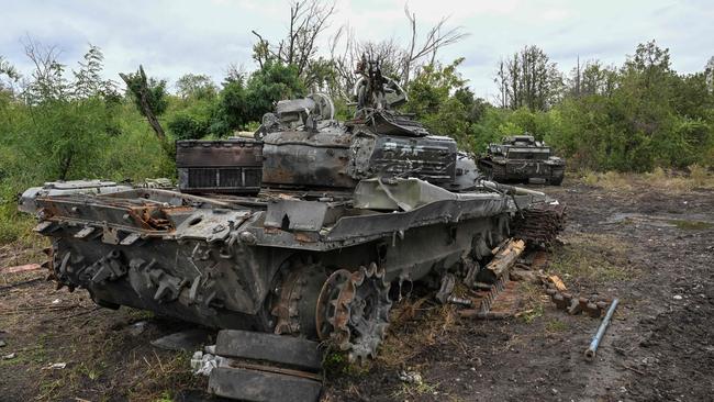 A destroyed Russian tank on the outskirts of Izyum, Kharkiv Region, eastern Ukraine. Picture: AFP