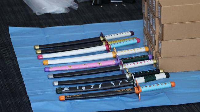 Samurai swords seized in a massive blitz into businesses allegedly arming youth crime gangs in Melbourne's southeast. Picture: Supplied