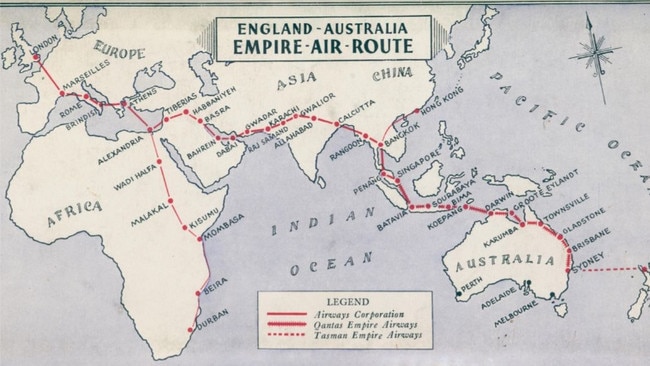 A 1940 map showing the longest air route in the world between the UK, Australia and New Zealand operated jointly by BOAC, Qantas and TEAL.
