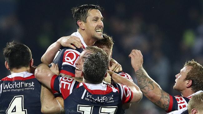 Mitchell Pearce celebrates the thrilling win.