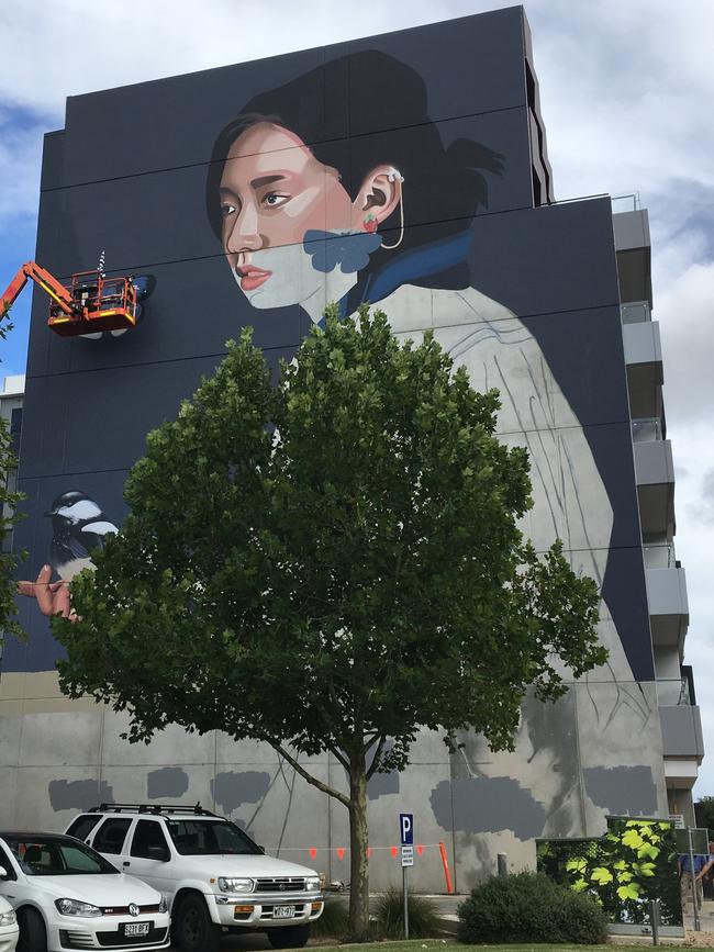 Lisa King mural on the side of The Bowery Bowden Apartments on Sixth St, Bowden. Picture: Andrew O'Grady