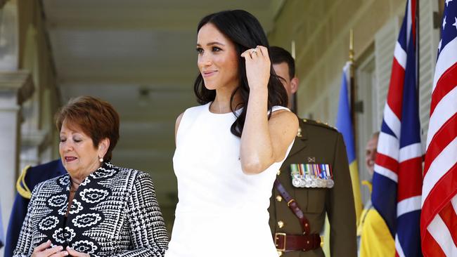 The Duchess of Sussex arrives at Admiralty House on Tuesday as they commence their 16-day tour of Australia and the South Pacific. Picture: Phil Noble/Pool via AP