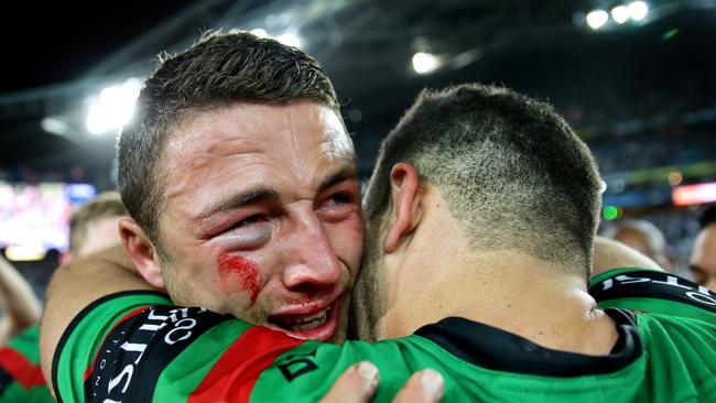 Sam Burgess in tears as he hugs Greg Inglis after winning the 2014 NRL Grand Final between the South Sydney Rabbitohs and the Canterbury Bankstown Bulldogs at ANZ Stadium .Picture Gregg Porteous