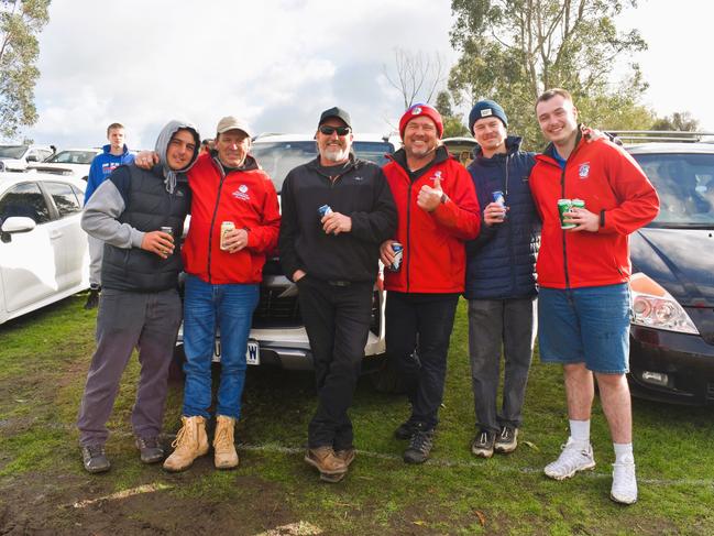 West Gippsland league grand final match 2024 — Phillip Island Bulldogs V Nar Nar Goon "The Goon" Football Club at Garfield Recreation Reserve on September 14, 2024: Lucas Chihotski, David Opitz, Blair Holland, Scott Eastwood, Christopher Eastwood and Sunny Mattock. Picture: Jack Colantuono