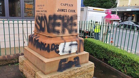 Captain Cook statue in Sydney's Randwick defaced amidst the Black Lives Matter Movement. Picture: 2GB