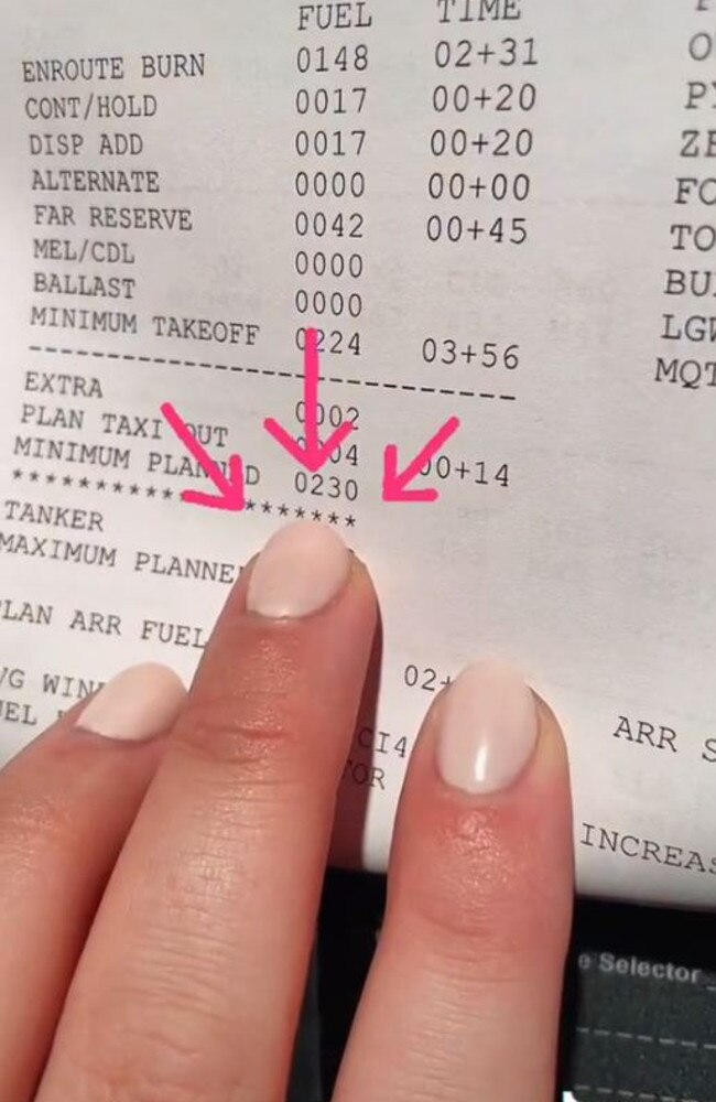 She said it all adds up to 23000 pounds of fuel. Airlines talk about fuel in terms of weight, not gallons or litres. Picture: TikTok/almostcaptainmorgan