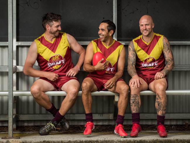 Dale Thomas, Eddie Betts and Nathan Jones pose are ready to play for your locla club. Picture: Getty Images