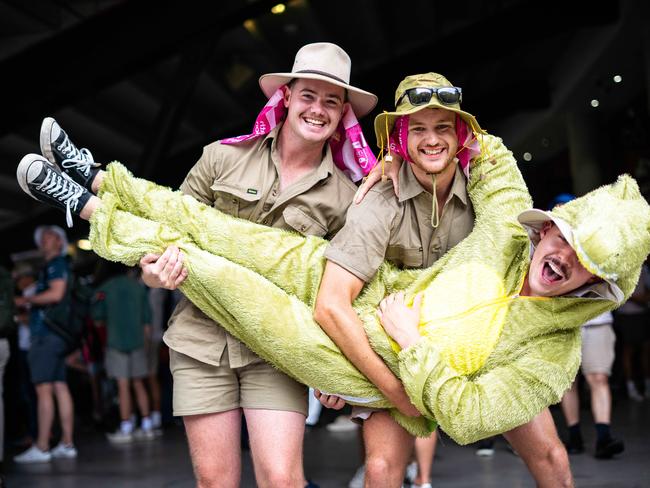 Crocodile hunters Mitch and Deacon Evans with crocodile Jack Weeden at the SCG on Day 1 of the 5th test. Picture: Tom Parrish