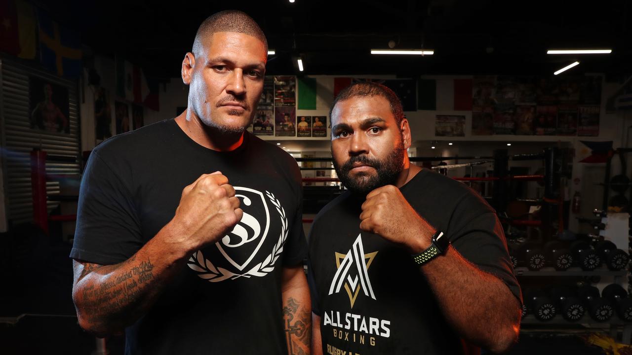 NRL legends Willie Mason and Sam Thaiday facing off ahead of the All Stars Fight Night in Townsville. Picture: Richard Dobson